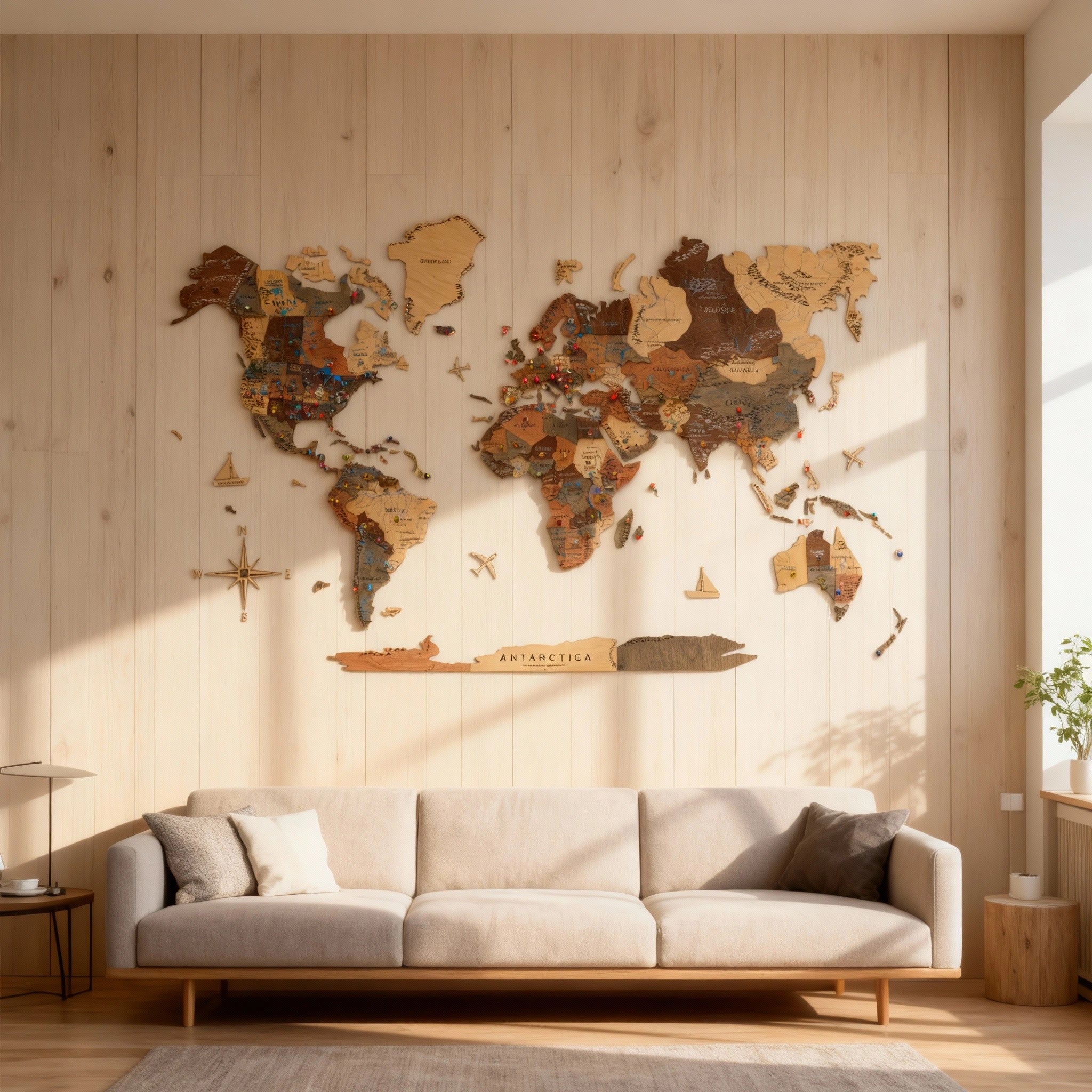 Håndlaget trekart som veggdekor i stue – naturlig treverk og nordisk design