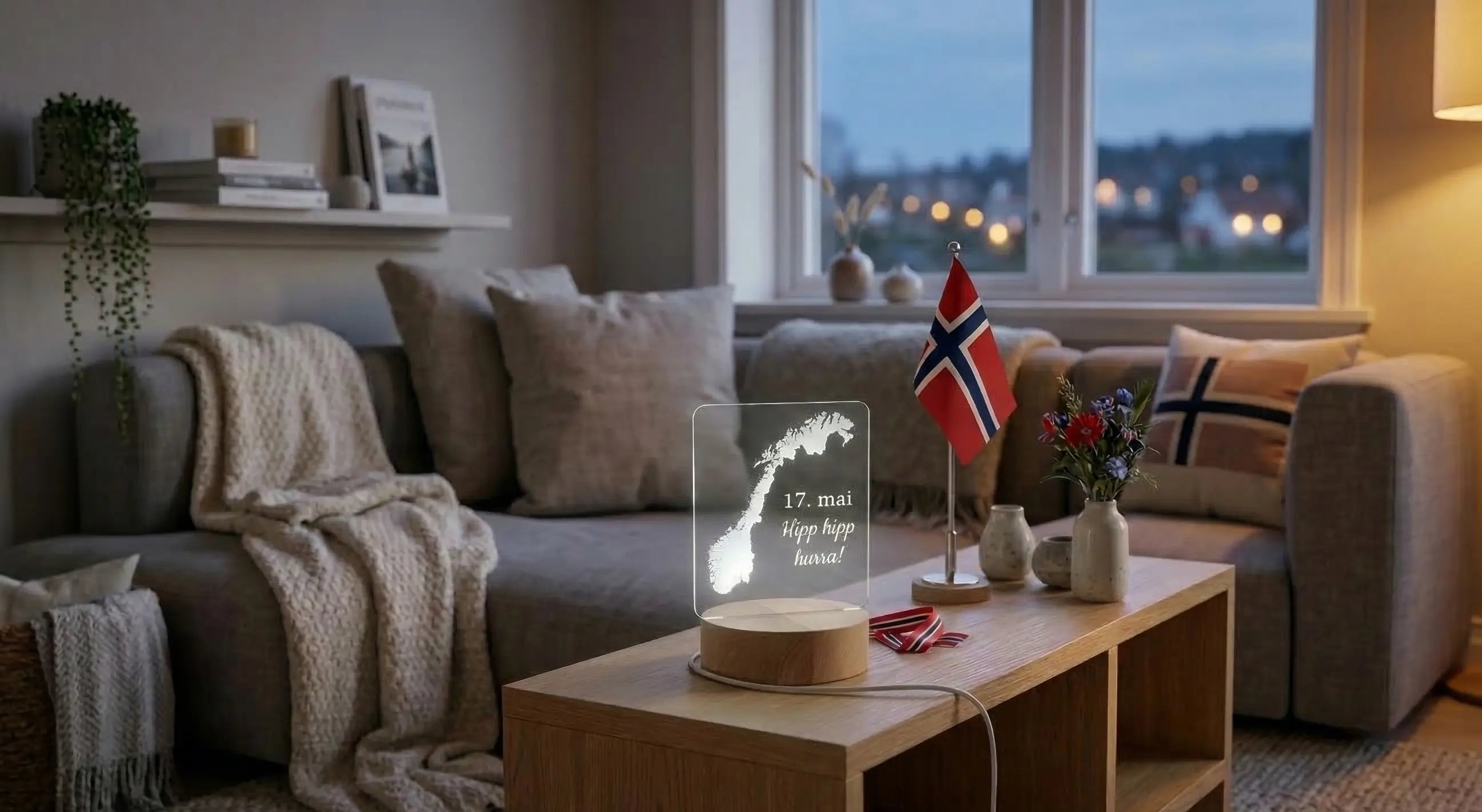 LED lampe med Norges kart i stue – dekor til 17. mai