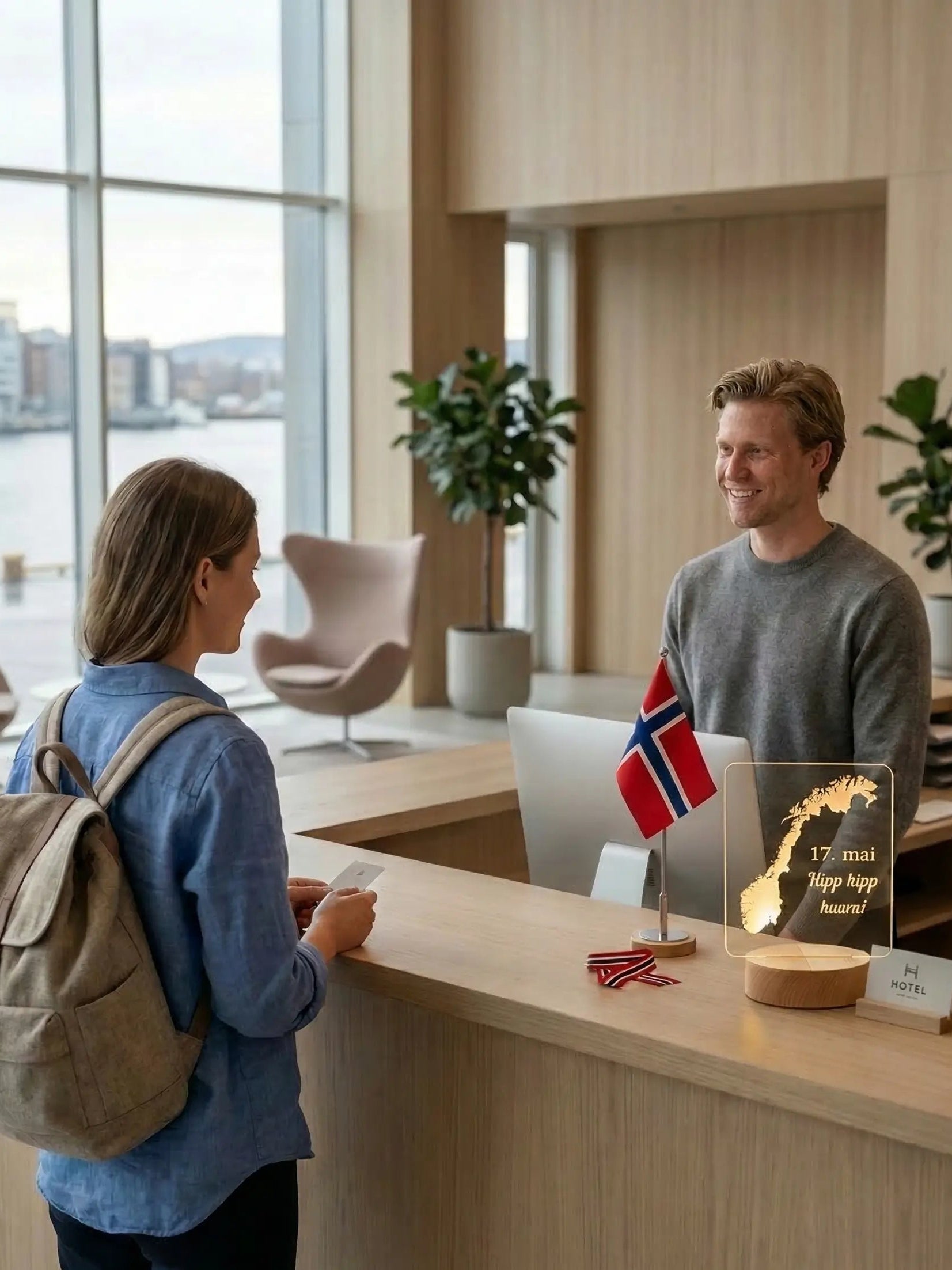 LED bordlampe med Norges kart i tre og akryl design