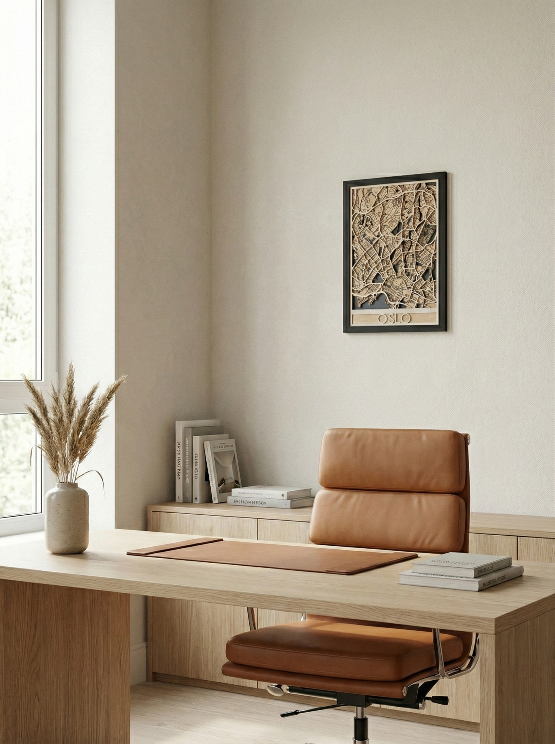 Håndlaget veggdekor i tre til hjemmekontor med nordisk design